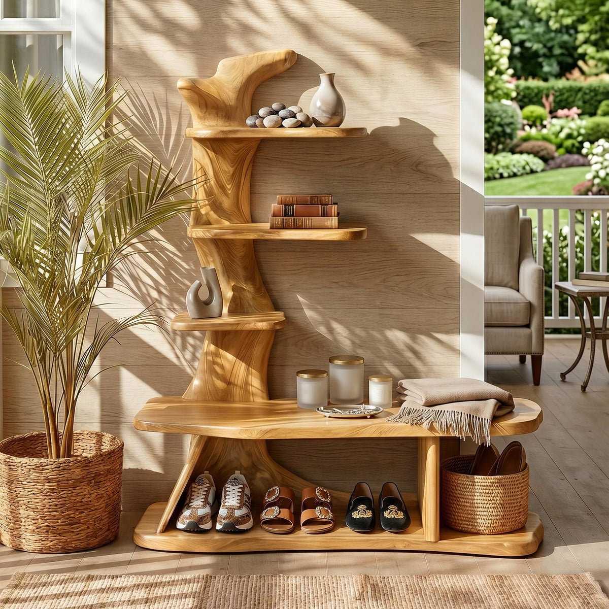 Industrial Shoe Rack Shelf, Rustic Wooden Entryway Utility Shelf Storage Organizer for Hallway