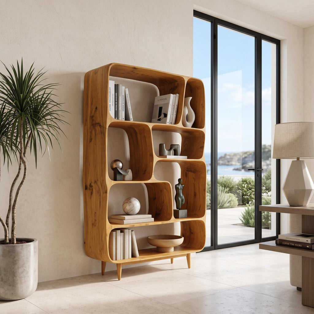 Mid-Century Wood Bookshelf, Handcrafted Solid Wood Bookcase with Open Shelves for Modern Living Room & Office