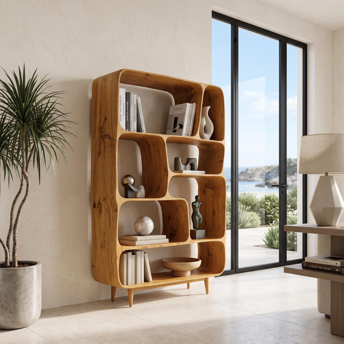 Mid-Century Wood Bookshelf, Handcrafted Solid Wood Bookcase with Open Shelves for Modern Living Room & Office