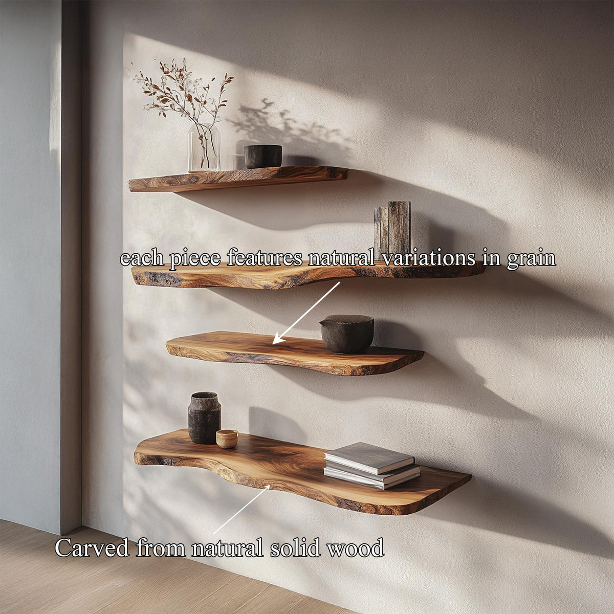 Rustic Organic Floating Wood Shelf, Wall Mounted Natural Edge Display Rack for Living Room & Bedroom