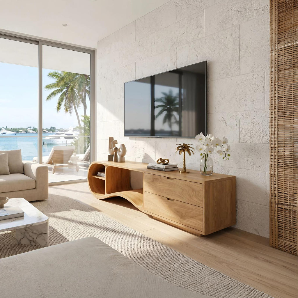 Contemporary Organic TV Cabinet, Handcrafted Wavy Edge Solid Wood Media Sideboard Console & Entertainment Board Stand