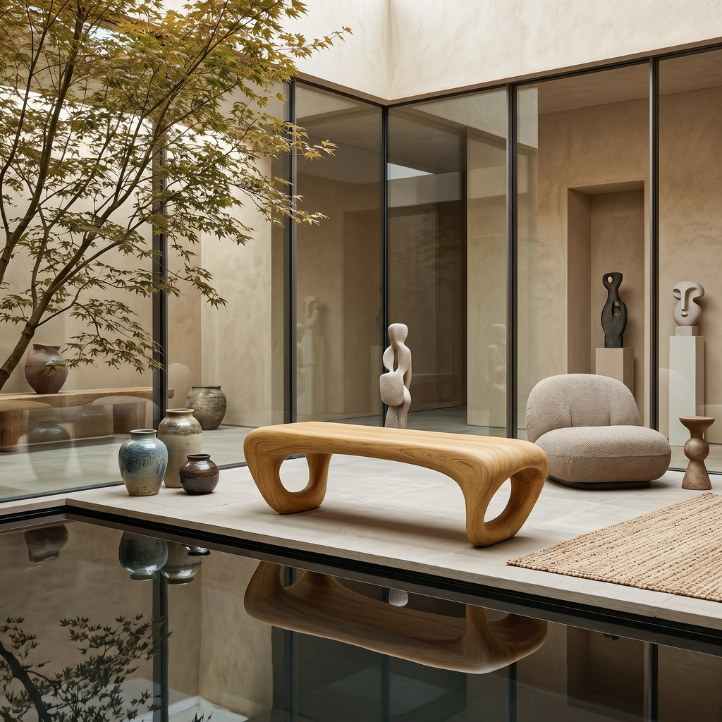 Modern Sculptural Outdoor Bench, Weather-Resistant Handcrafted Solid Wood Garden Patio Bench Seating & Park Furniture
