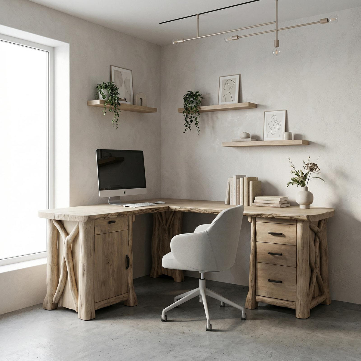 Modern Rustic L-Shape Office Desk with Storage, Solid Wood Corner Workstation, Study Writing Table