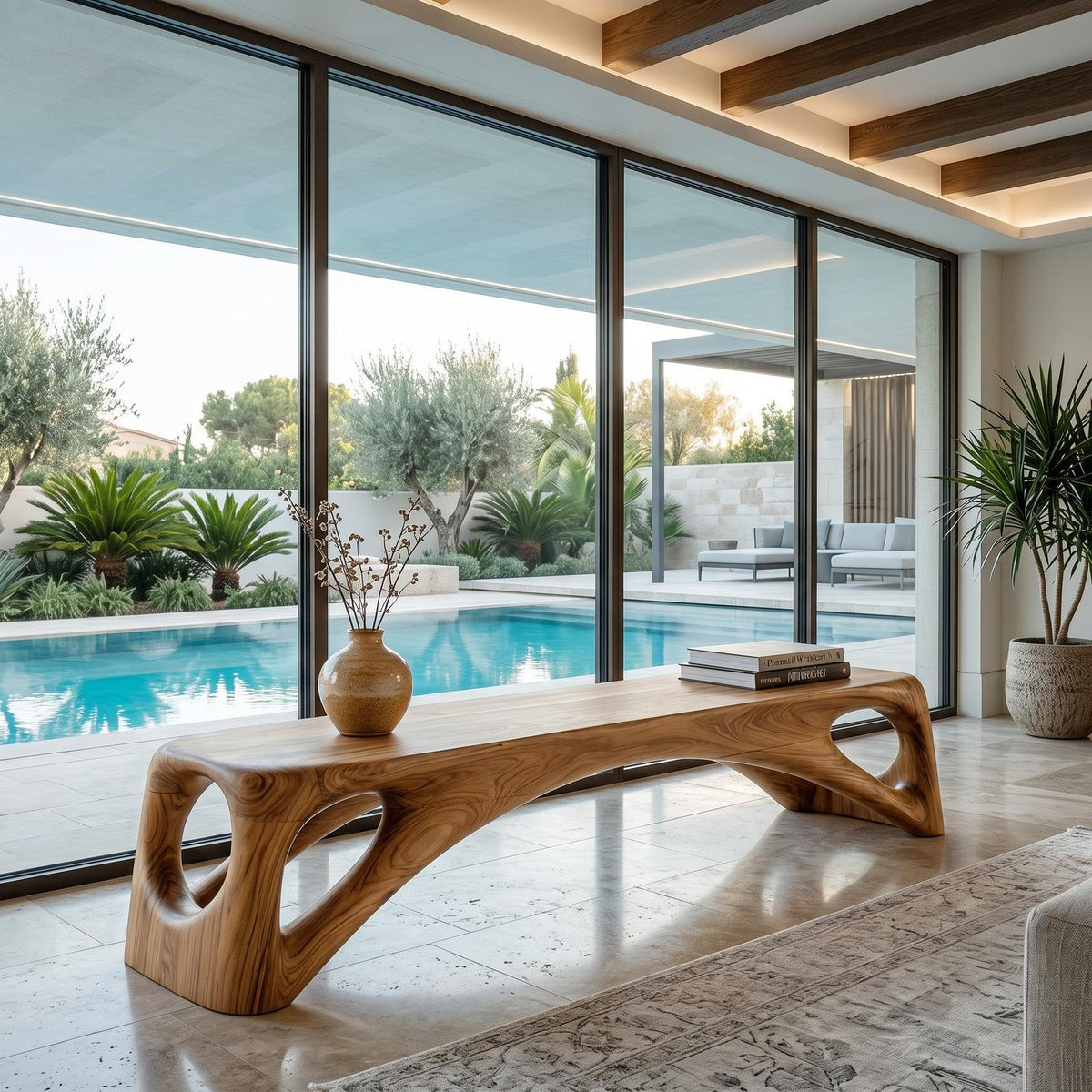 Organic Wooden Bench Hollow Design For Living Room