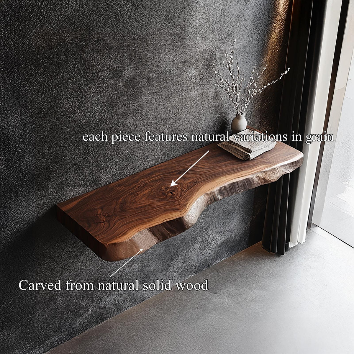 Rustic Live Edge Solid Wood Floating Shelf, Wall Mounted Hardwood Display Ledge for Living Room & Foyer Interior