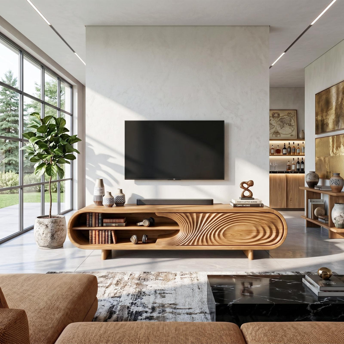 Modern Sculptural Wood TV Stand With Curved Grain Pattern For Living Room