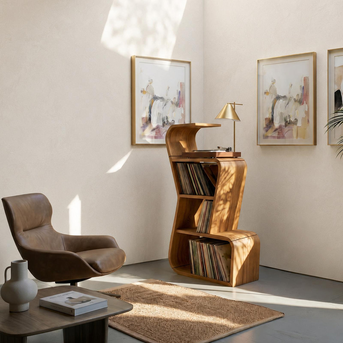 Modern Sculptural Wood Vinyl Record Stand, Handcrafted Premium Turntable Cabinet & LP Storage Rack, Model