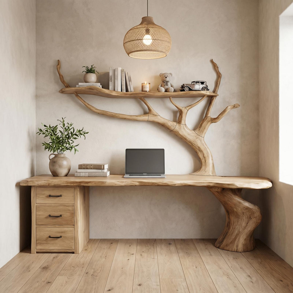 Nature-Inspired Tree Branch Desk, Sculptural Solid Wood Corner Workstation for Home Office, Study Table