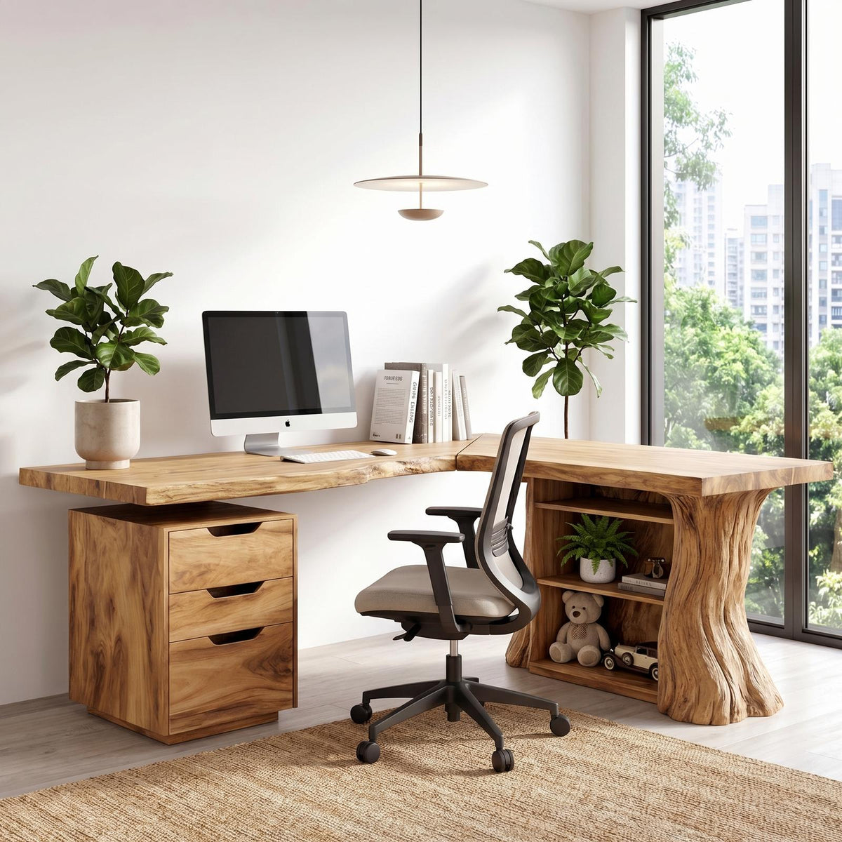Organic Tree Branch Corner Desk with Integrated Floating Wall Shelf, Solid Wood Home Office Workstation