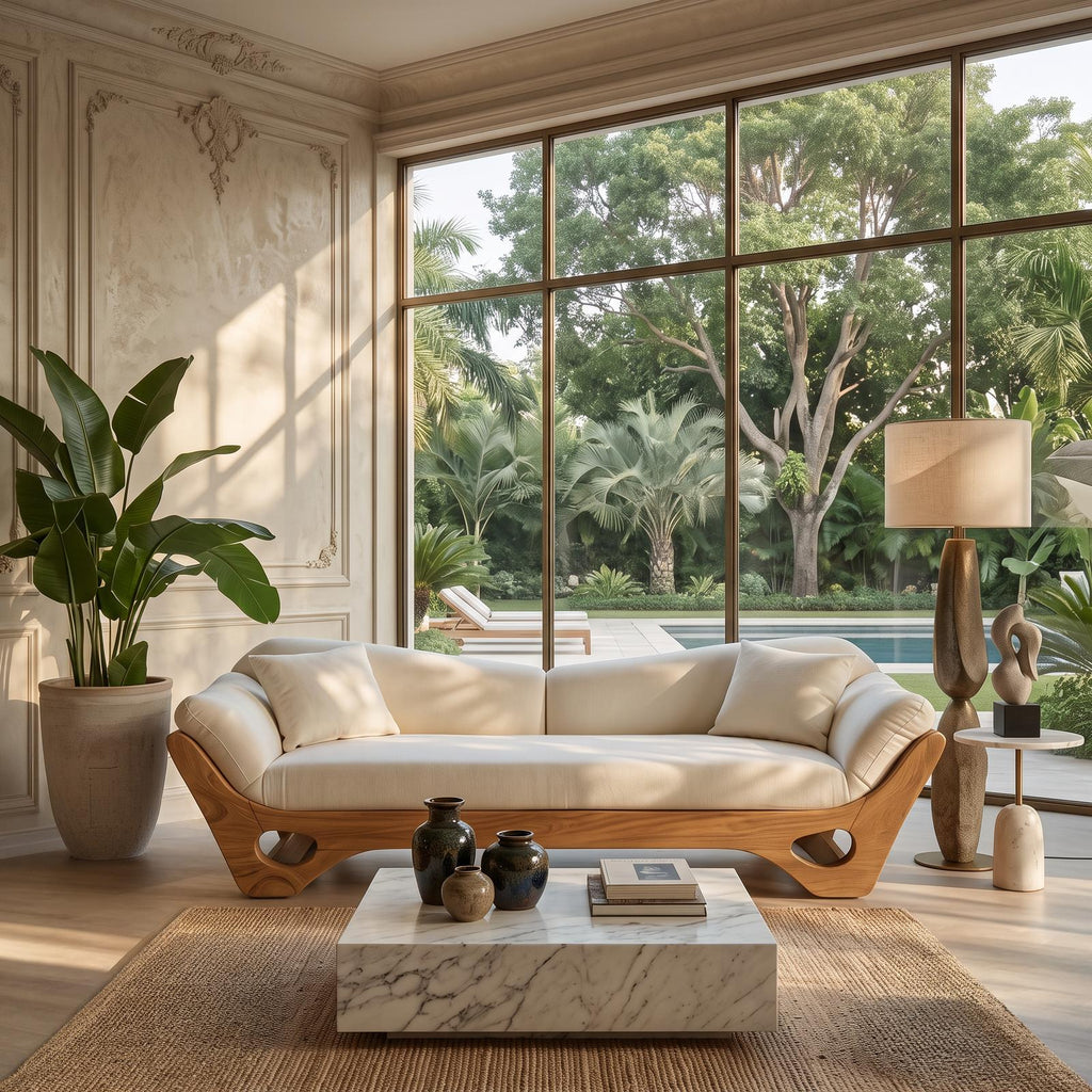 Artistic Wooden Sofa with Sculptural Organic Frame, Contemporary Settee Lounge Couch for Designer Home
