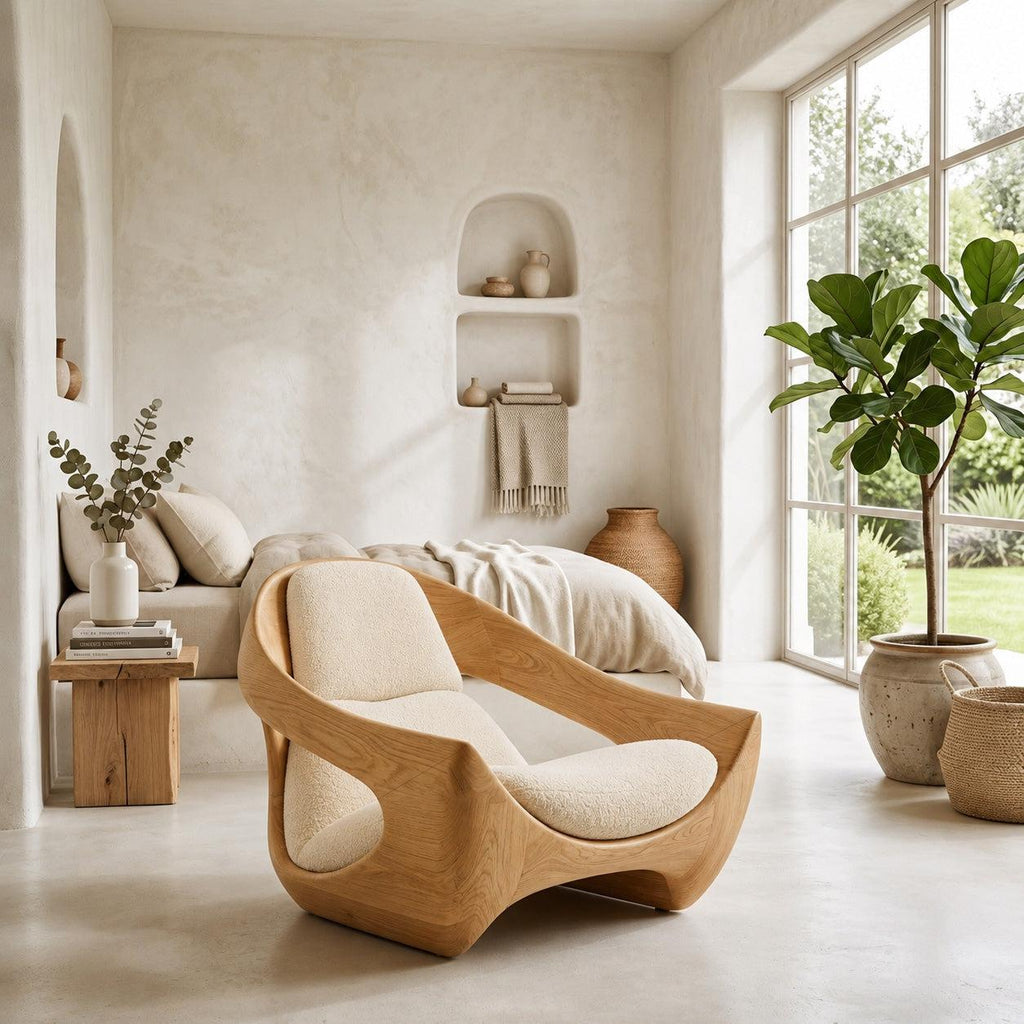 Spry Interior Artistic Natural Wood Accent Chair, Sculptural Handcrafted Solid Wood Lounge Armchair for Contemporary Living Room, Model RTTHHNCHR150