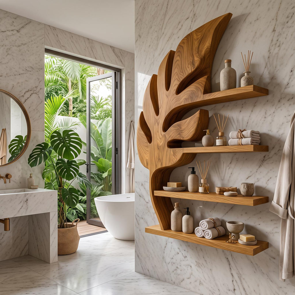 Modern Wooden Leaf Bathroom Shelf For Bathroom Interior