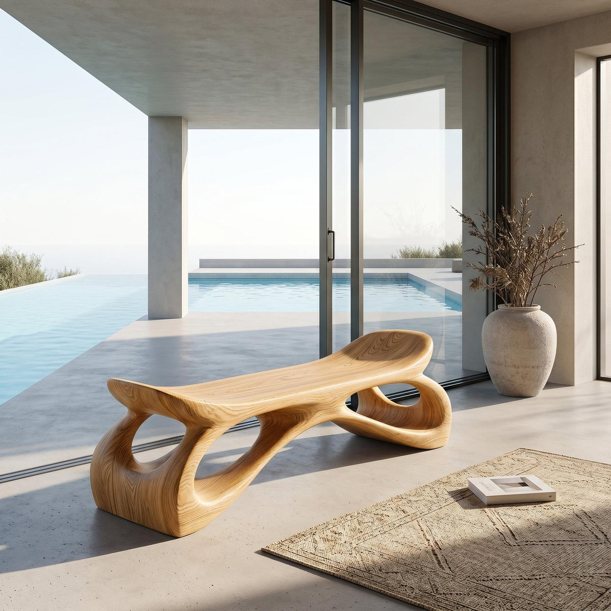Minimalist Wooden Bench Sculpture Hollow Design For Hallway