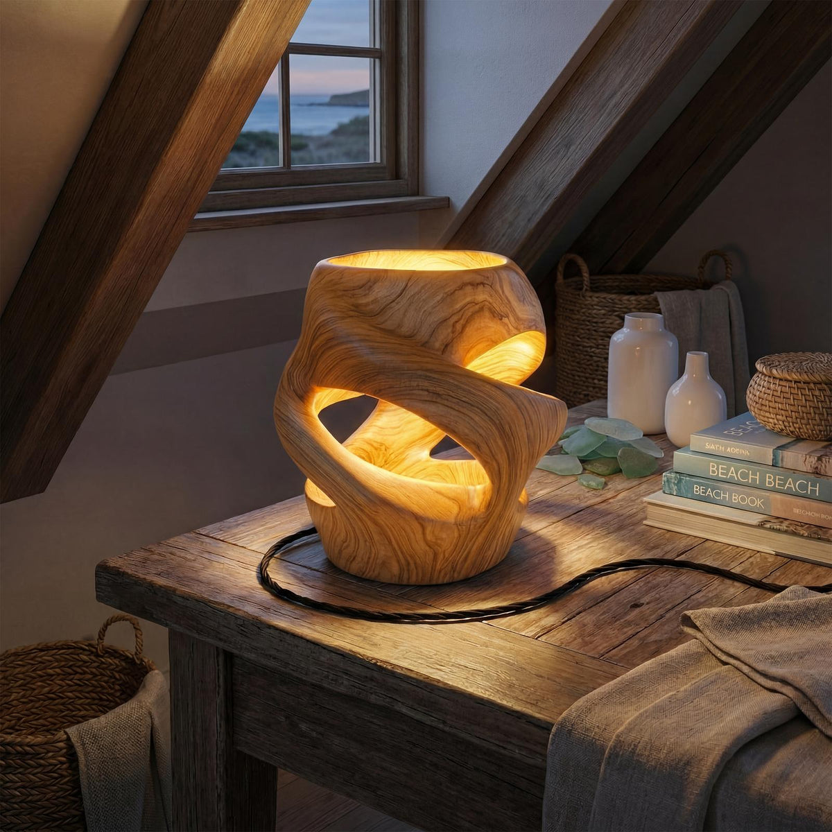 Contemporary Sculptural Table Lamp, Artistic Wood Accent Light for Dining Room & Kitchen Island