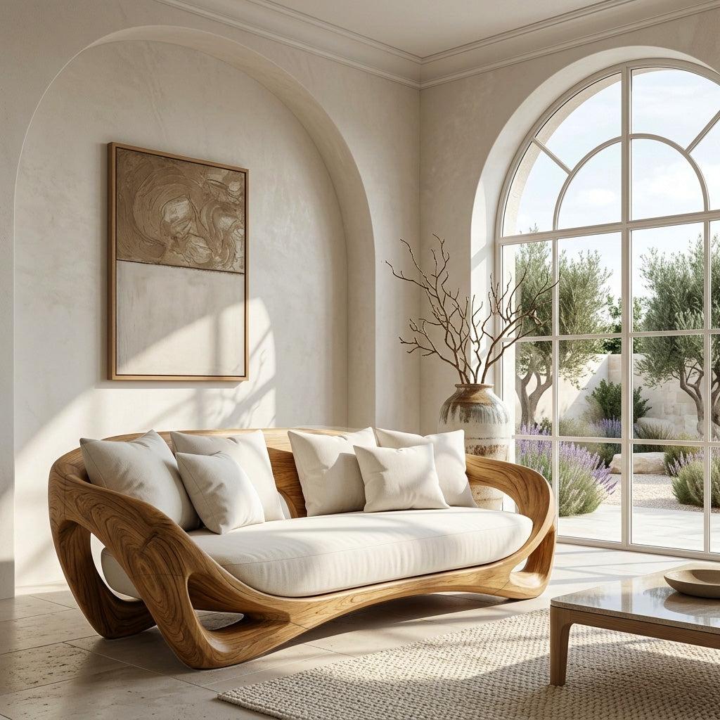 Contemporary Organic Wood Sofa, Modern Designer Couch Loveseat Settee, Timber Lounge Seating for Living Room