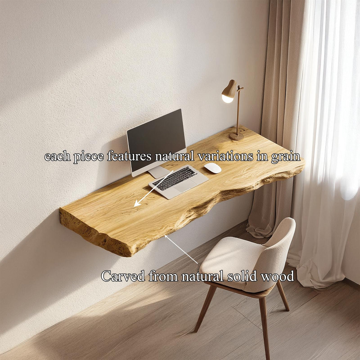 Rustic Sculptural Wall Mounted Console Desk Solid Wood Home Office Interior Modern Workspace