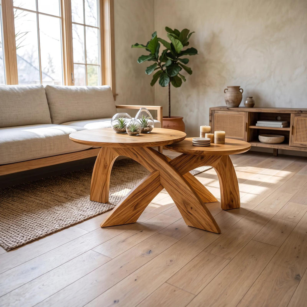 Mid Century Round Coffee Table Biophilic Living Room