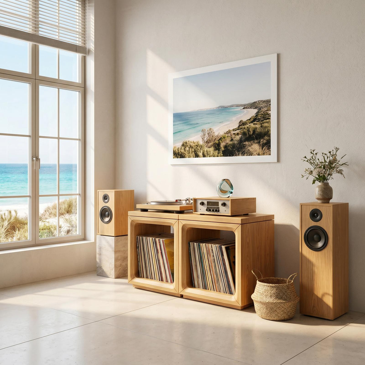Coastal Minimalist Wood Record Storage Cabinet, Handcrafted Beach House Style Turntable Stand & LP Shelf, Model
