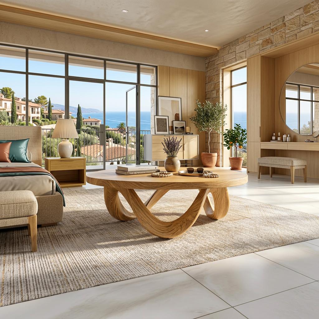 Modern Wooden Coffee Table with Unique Base Design, Handcrafted Solid Wood Living Room Center Table, Model