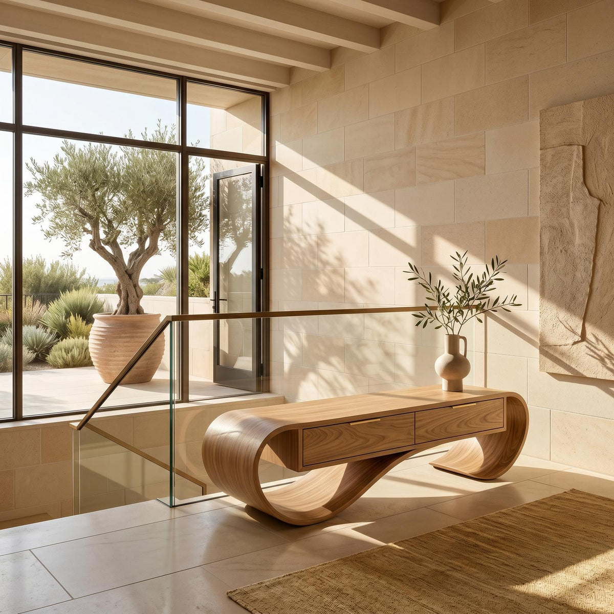 Contemporary Curved Wood Bench with Drawer Storage, Entryway Organizer Bench & Foyer Accent Bench Seating