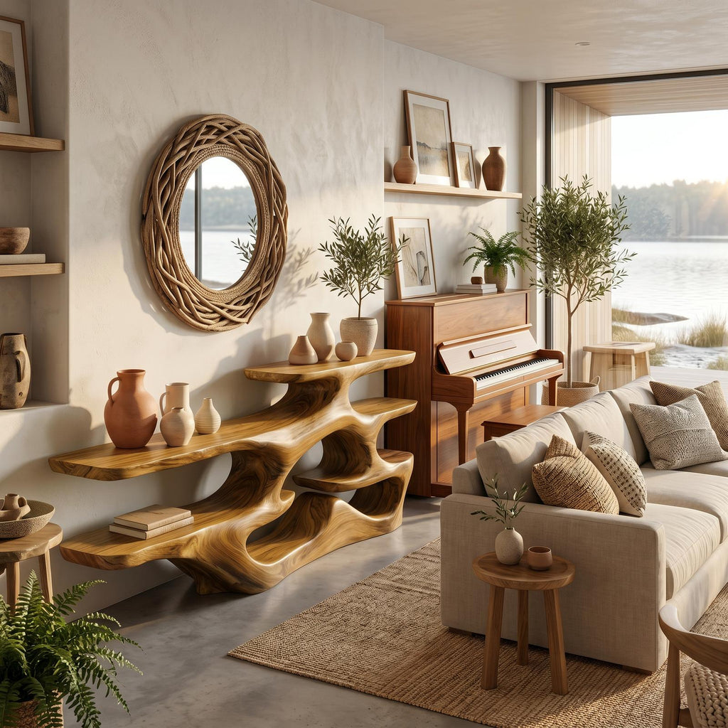 Wooden Console Table With Multi Level Shelves For Living Room