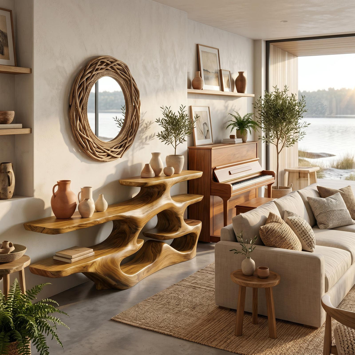 Wooden Console Table With Multi Level Shelves For Living Room