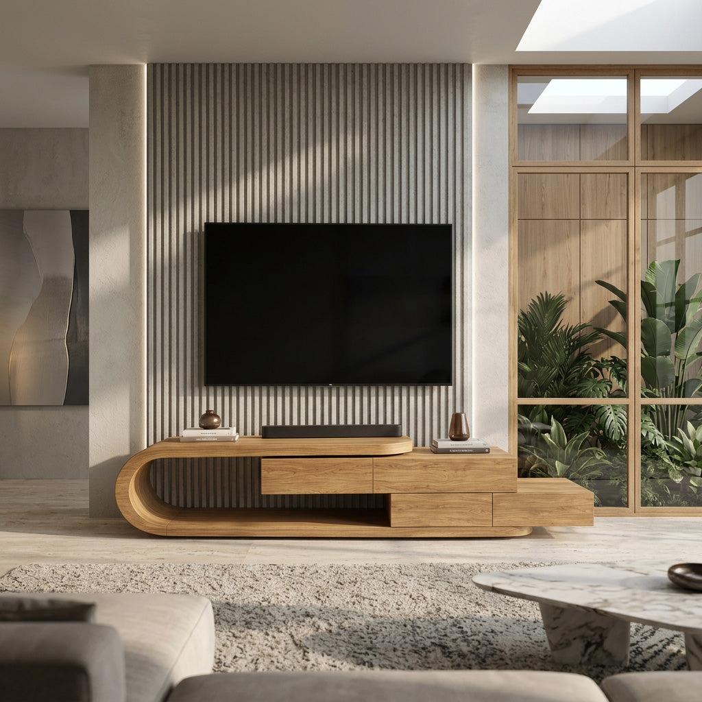 Contemporary Rounded TV Console With 2 Tiers For Living Room