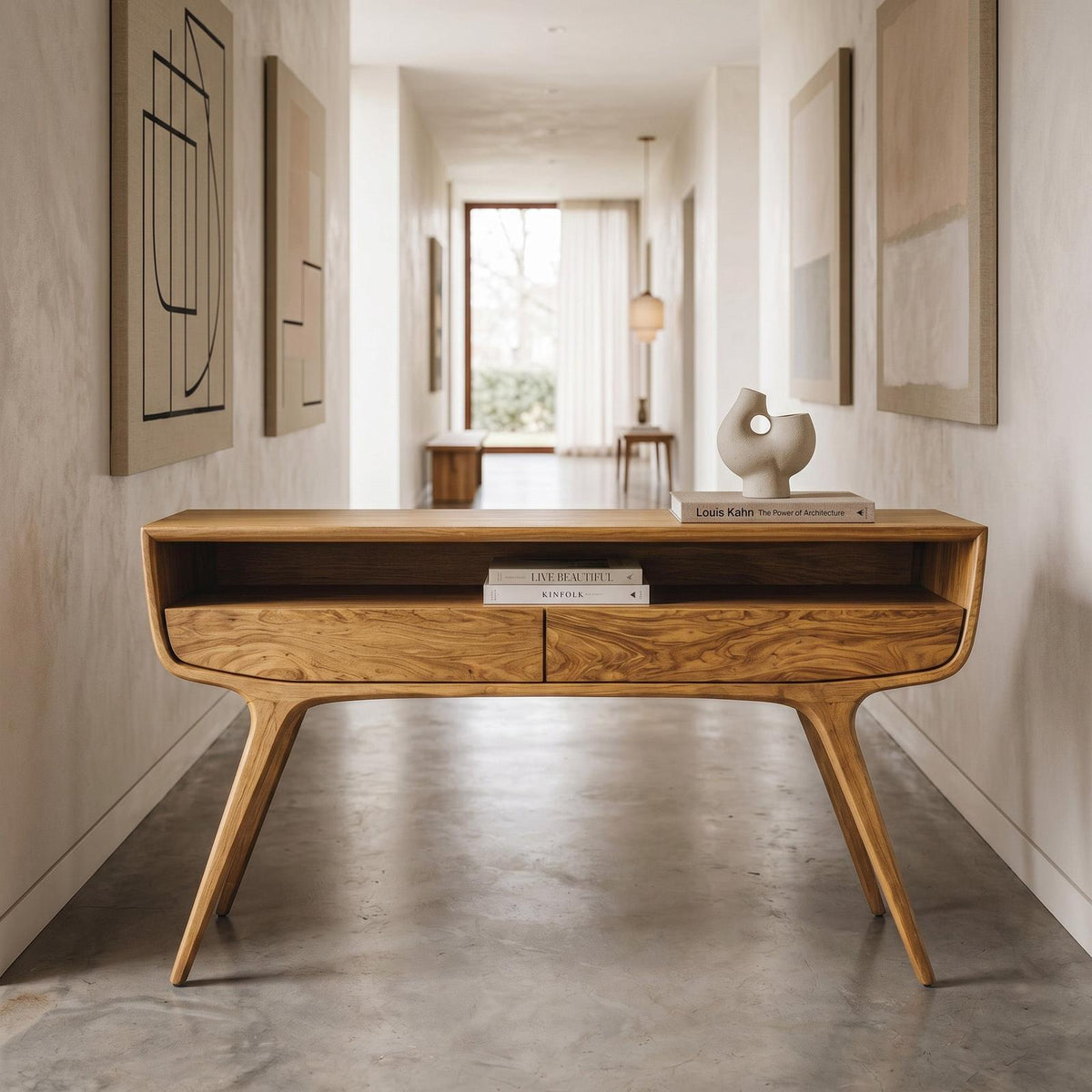 Mid Century Curved Console Table With Drawers For Entryway
