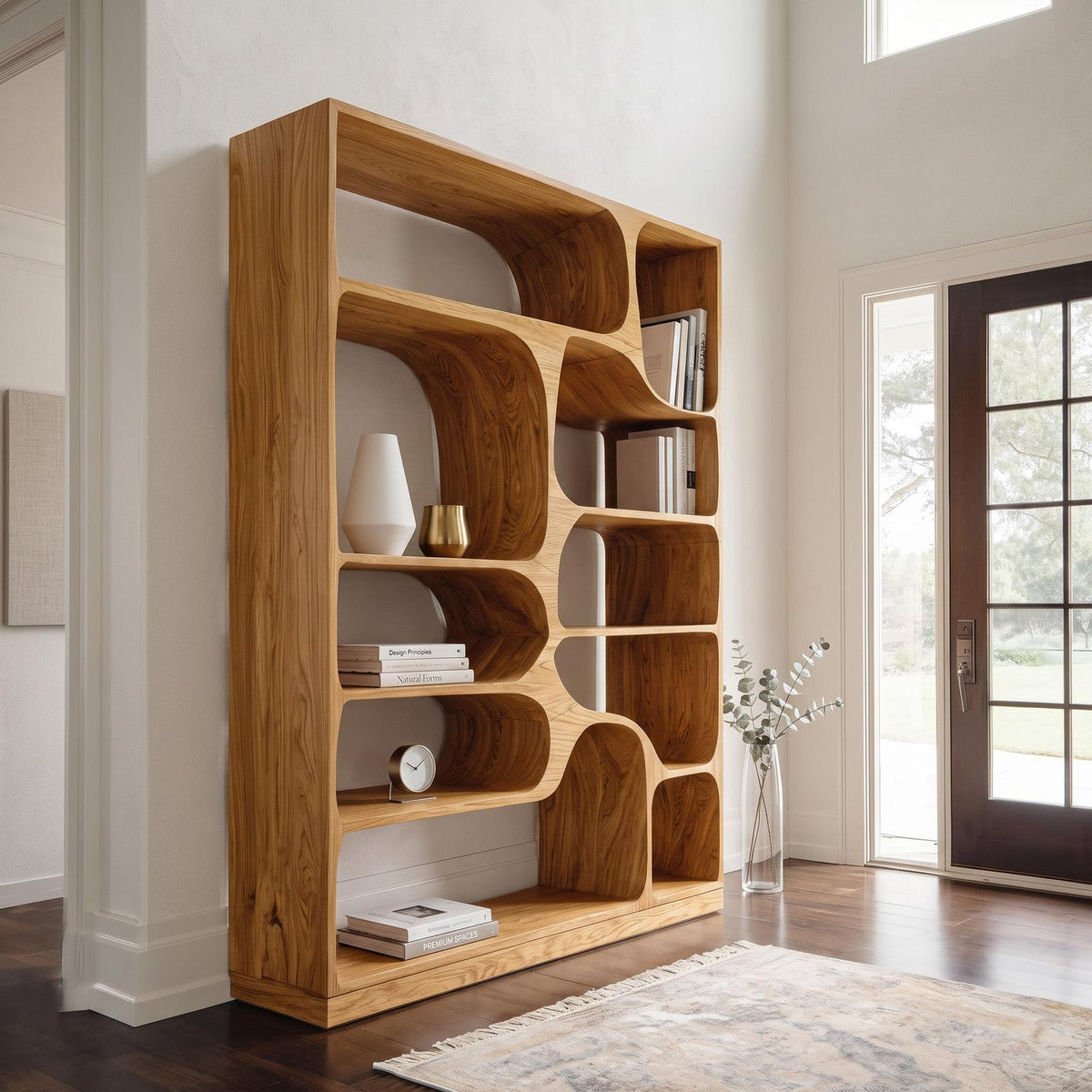 Artistic Wood Bookcase, Handcrafted Sculptural Bookshelf with Open Shelving for Living Room, Bedroom & Office