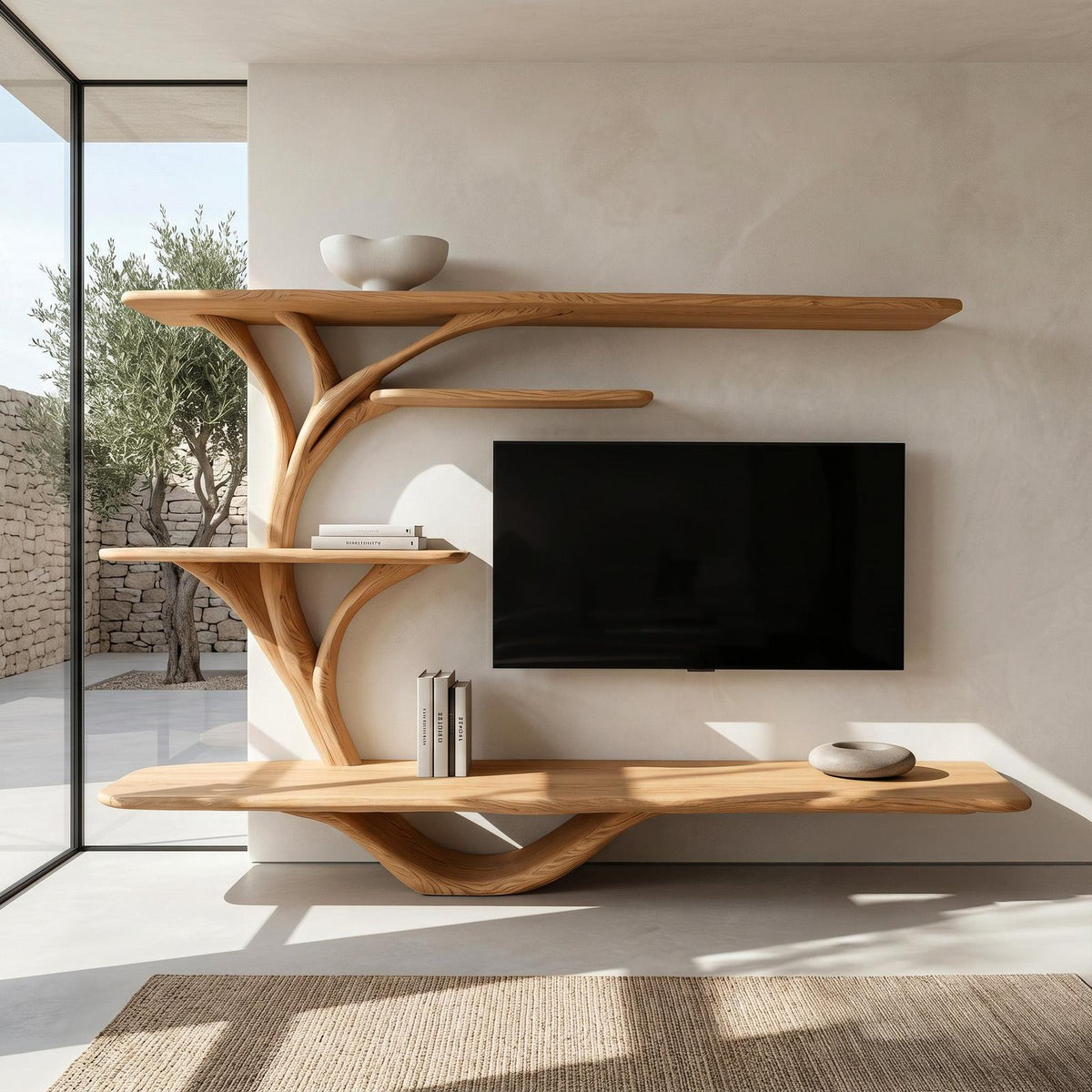Organic TV Stand With Sculptural Branch Shelves For Living Room