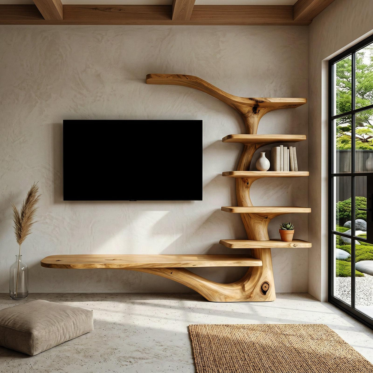 Modern TV Stand With Tree Inspired Shelf For Living Room