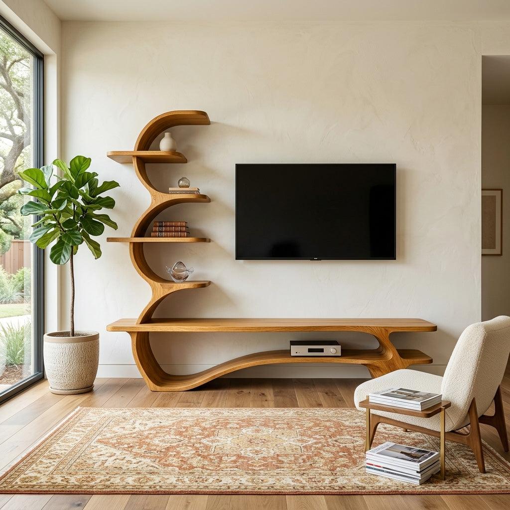 Organic Wood TV Stand With Side Curved Shelf For Living
