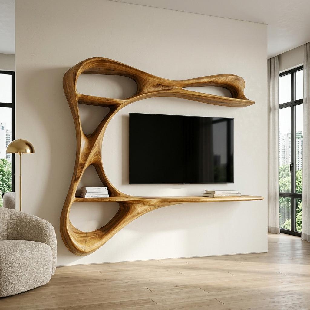 Contemporary Carved Frame TV Console With Integrated Shelves For Home