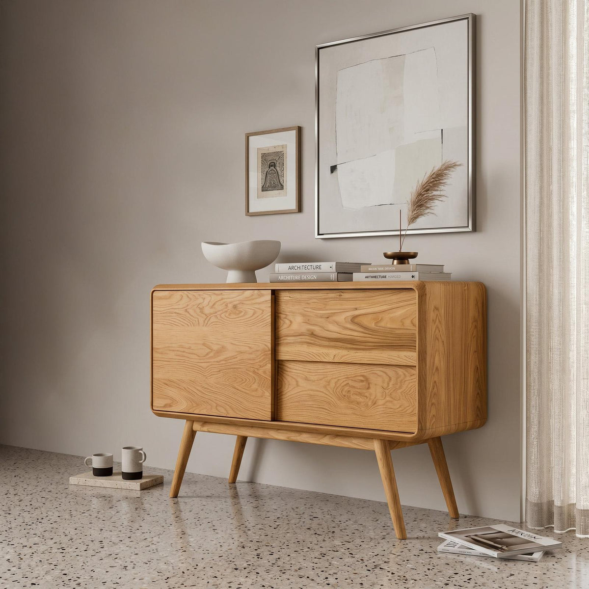 Mid Century Rounded Console Table With Compartments For Living