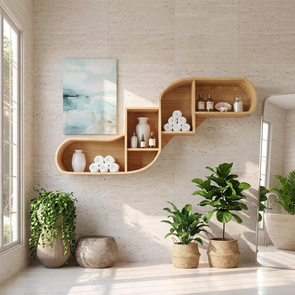 Mid Century Curved Wood Shelves for Home Bar