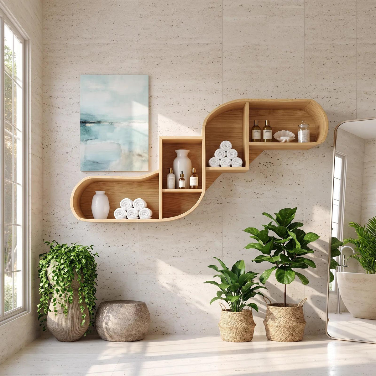 Mid Century Curved Wood Shelves for Home Bar