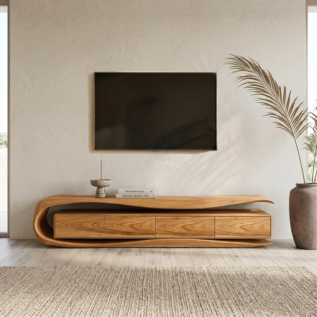 Modern Organic TV Console Table, Handcrafted Solid Wood Media Center Cabinet Sideboard Credenza for Living Room