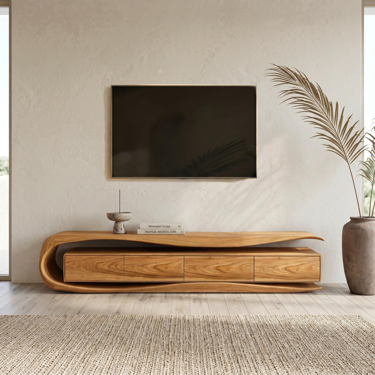 Modern Organic TV Console Table, Handcrafted Solid Wood Media Center Cabinet Sideboard Credenza for Living Room