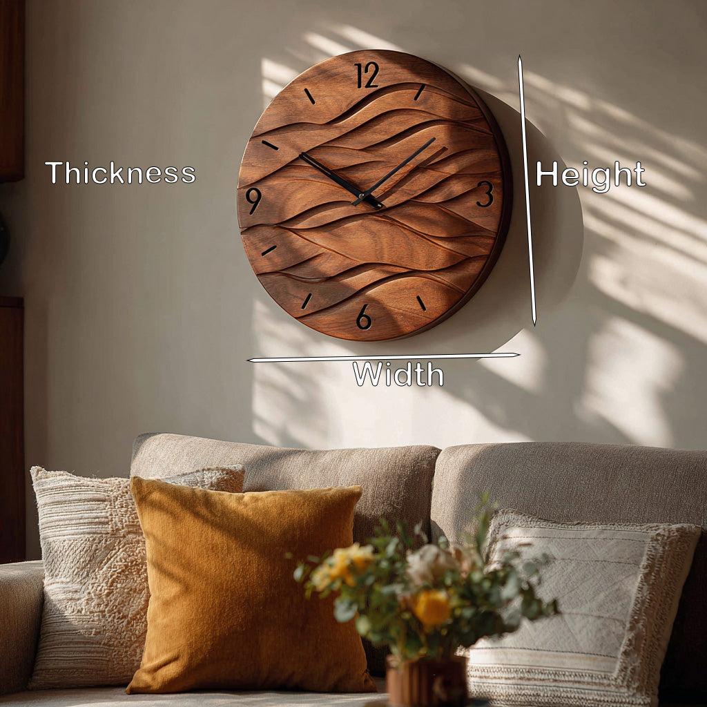 Organic Modern Wood Wave Wall Clock, 3D Hand-Carved Fluid Abstract Clock for Living Room & Bedroom Decor