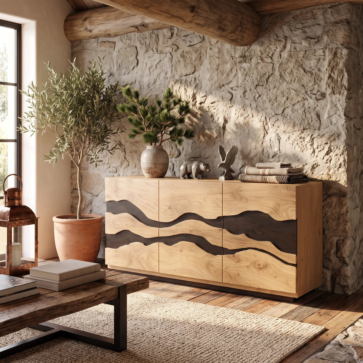 Modern Wave Carved Liquor Cabinet Dining Room