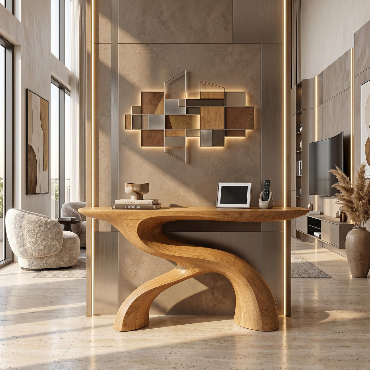 Scandinavian Crescent Hall Table, Modern Wood Demilune Entryway Console Table