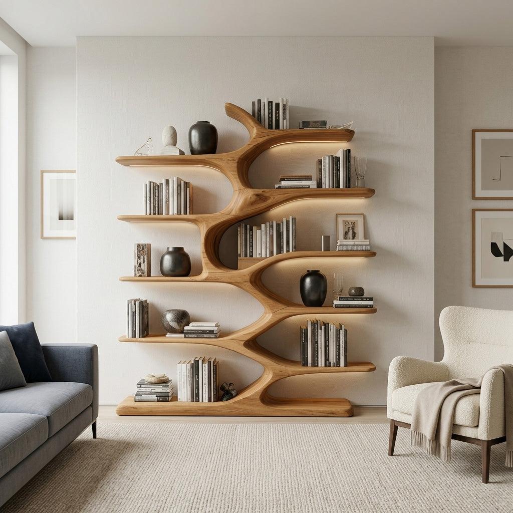 Modern Sculptural Bookshelf With Organic Design For Living Room