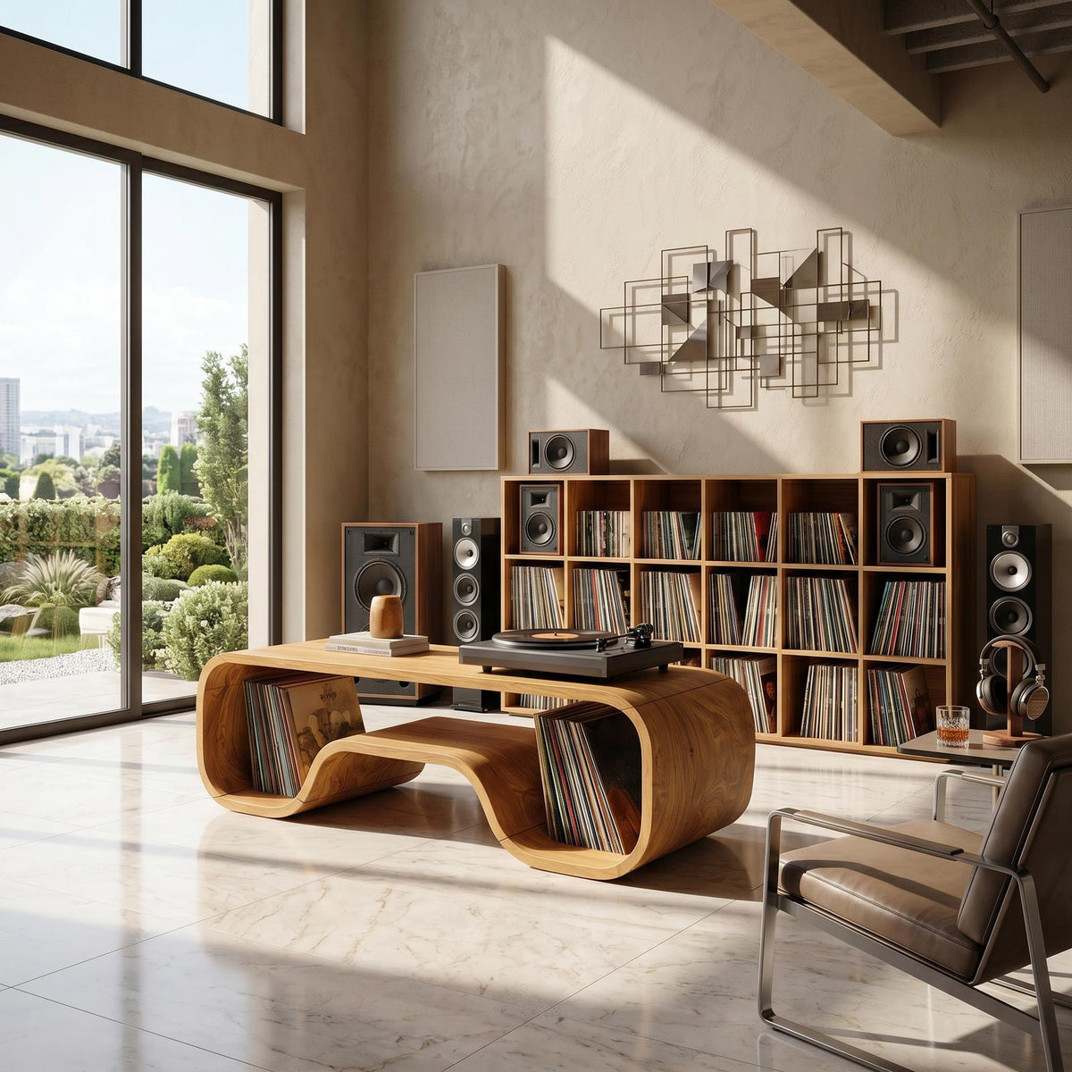 Japandi Curved Wood Record Player Stand, Handcrafted Minimalist Vinyl storage Turntable Console Cabinet, Model