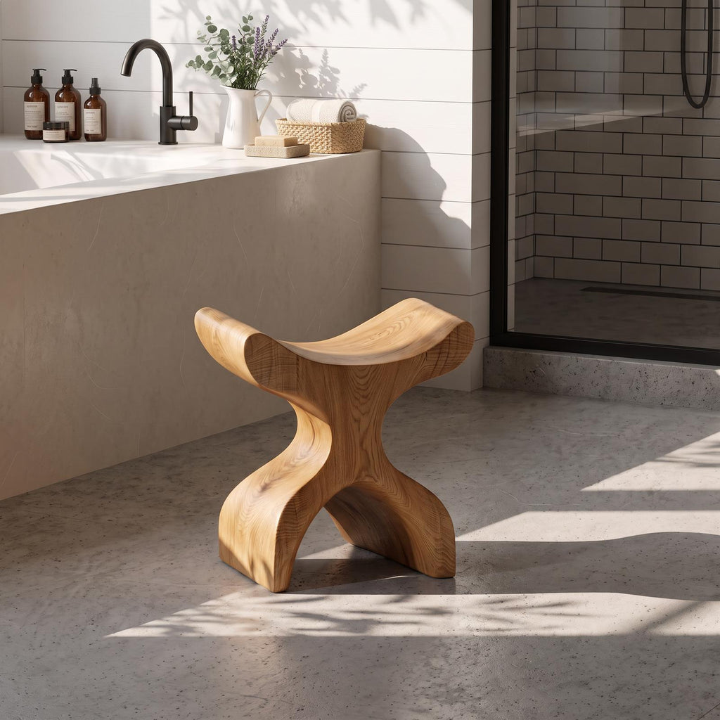 Mid Century Solid Wood Bath Seat, Handcrafted Shower Bench & Spa Stool for Modern Bathroom Furniture Decor