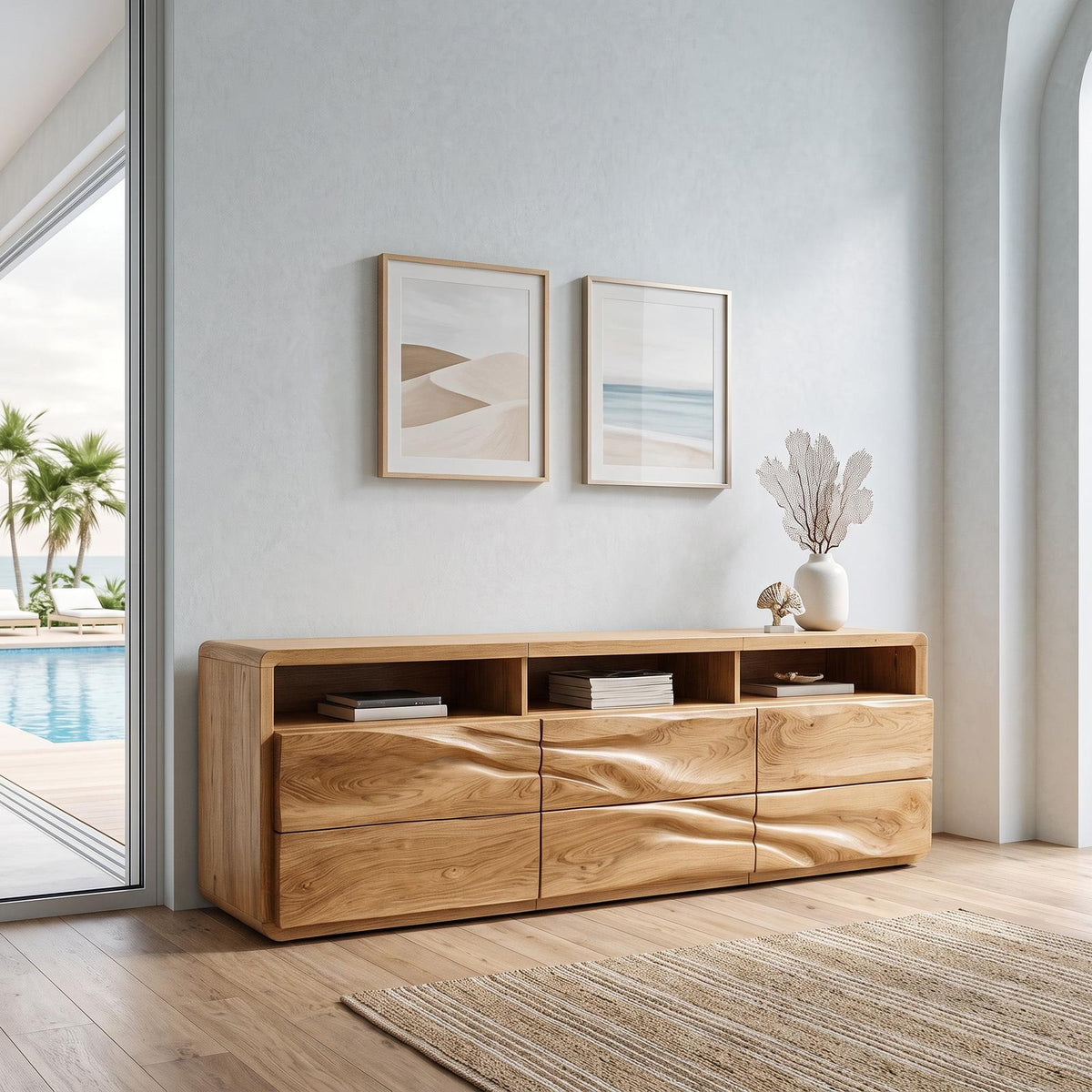 Organic Wave Carved Wood Sideboard, Handcrafted Solid Wood Credenza Storage Cabinet for Modern Living Room, Model