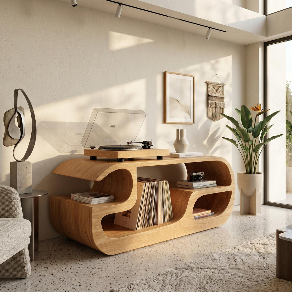 Minimalist Curved Wooden Record Player Stand, Handcrafted Small Space Vinyl LP Storage Cabinet, Model