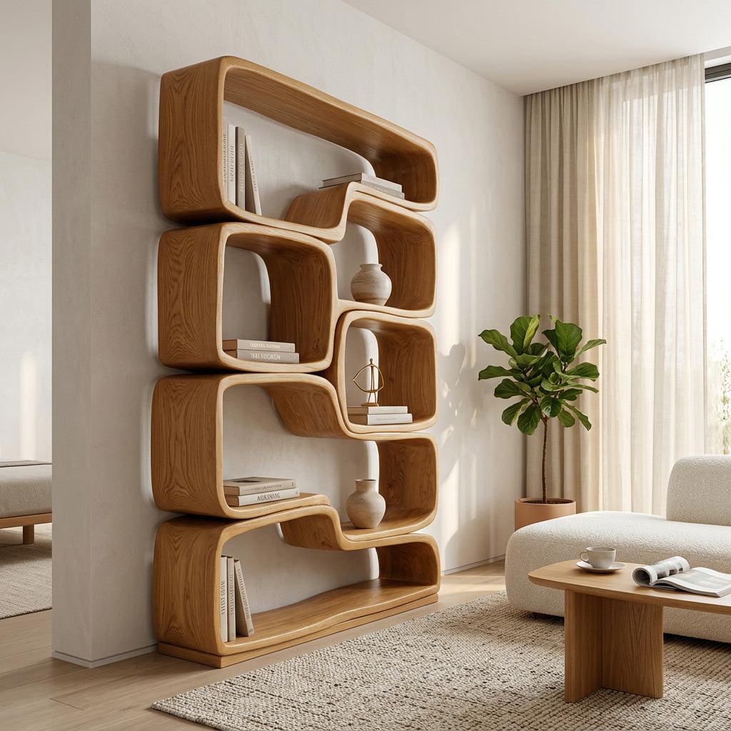 Contemporary Sculptural Natural Wood Bookshelf, Handcrafted Solid Wood Bookcase for Modern Living Room & Office