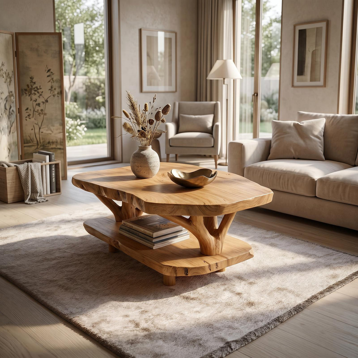 Rustic Live Edge Solid Wood Coffee Table, Natural Slab Center Table for Study Library and Country Home Decor