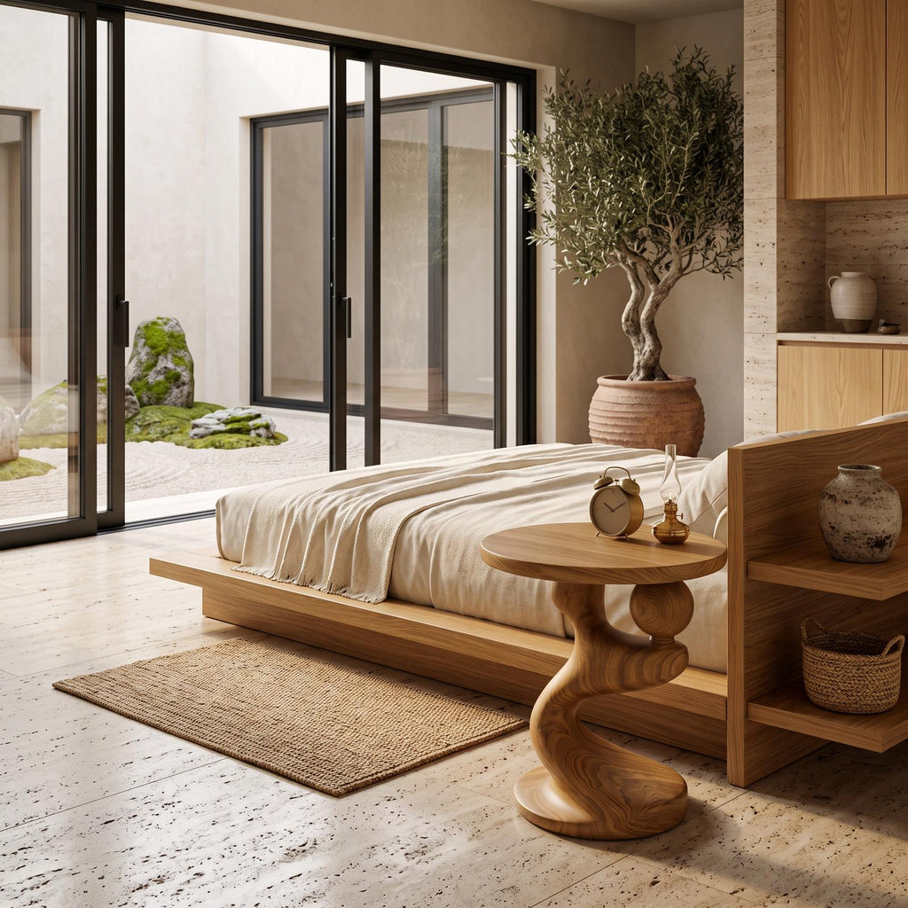 Modern Sculpted Wood Side Table, Artistic Curved Base Solid Wood End Table & Nightstand for Living Room, Bedroom