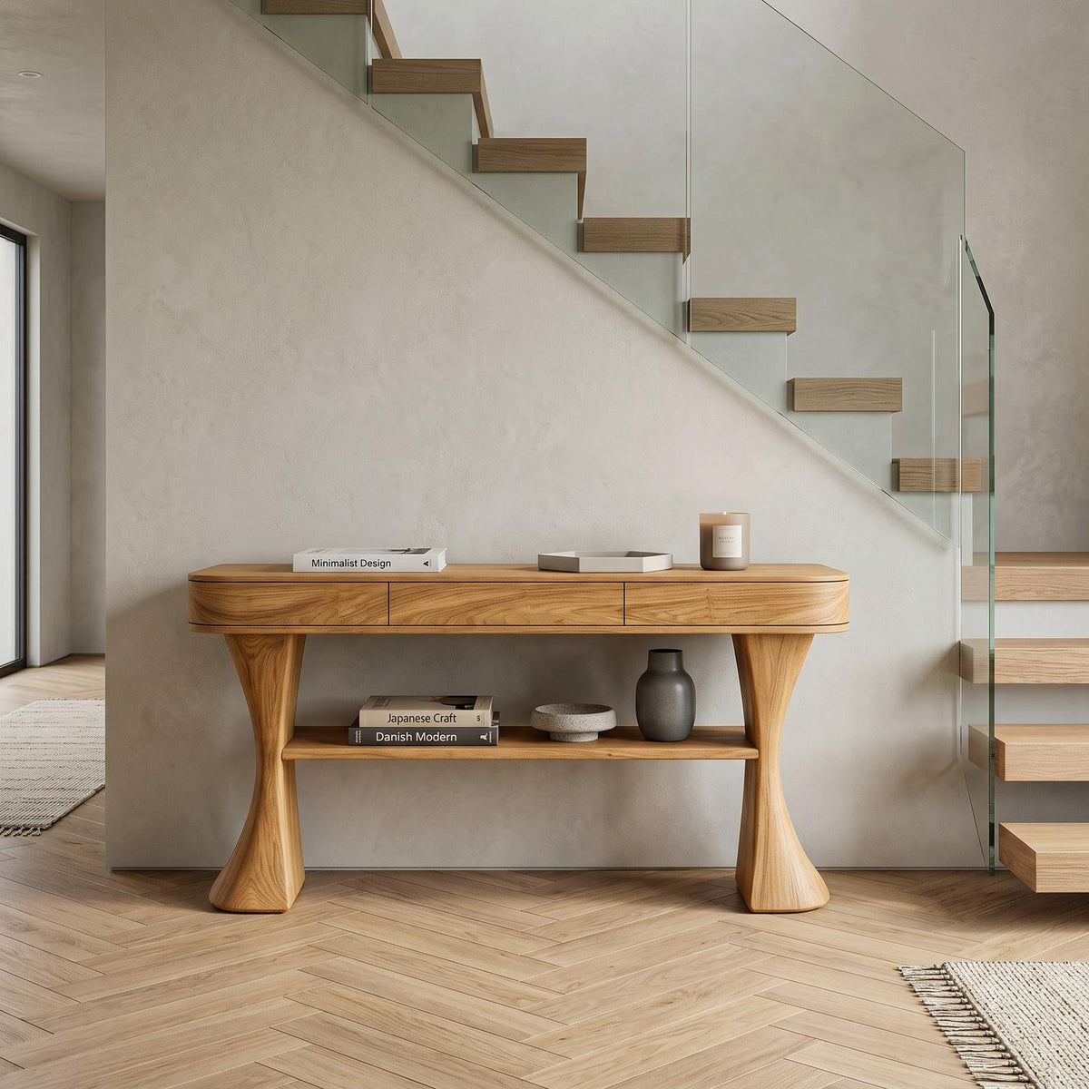 Scandinavian Sculptural Wood Console Table For Entryway